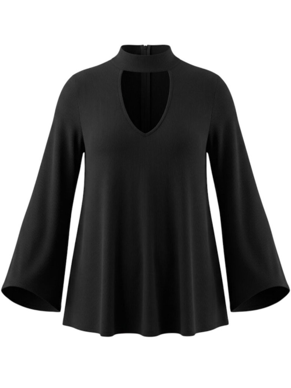 Karen Kane Black Mock Neck Keyhole Bell Sleeve Top Blouse Swing Cutout Sz L